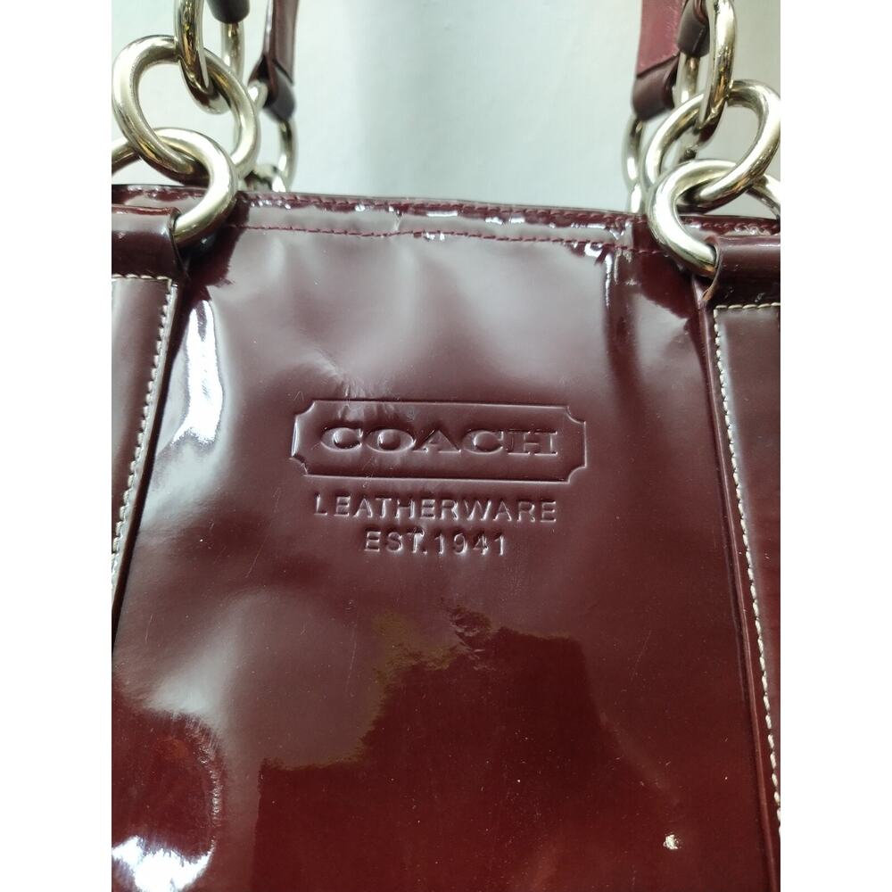 Coach Galaxy Purple Plum Patent Leather Tunrlock Pocket Double Handle Tote Bag - Picture 3 of 16